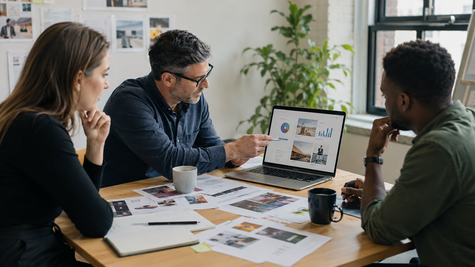Three people sit around a table covered in advertising papers. They all look at a laptop with advertising concepts.