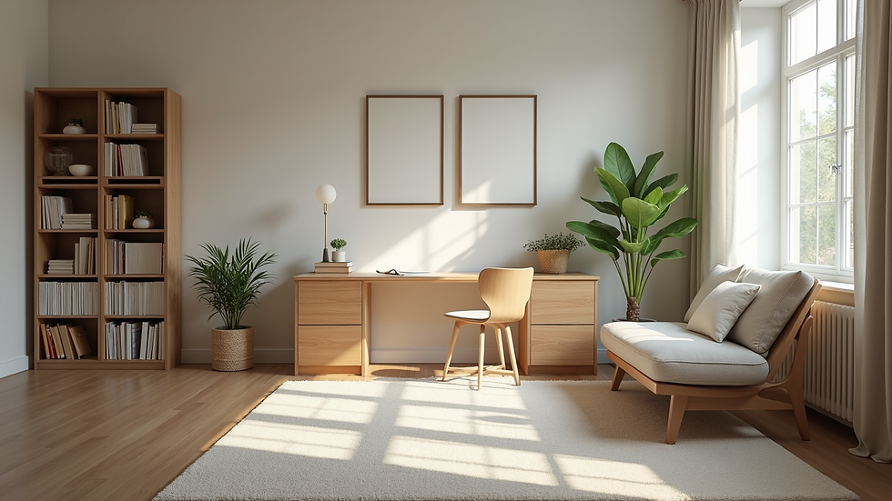 Eye-level view of a quiet study room with calming decor