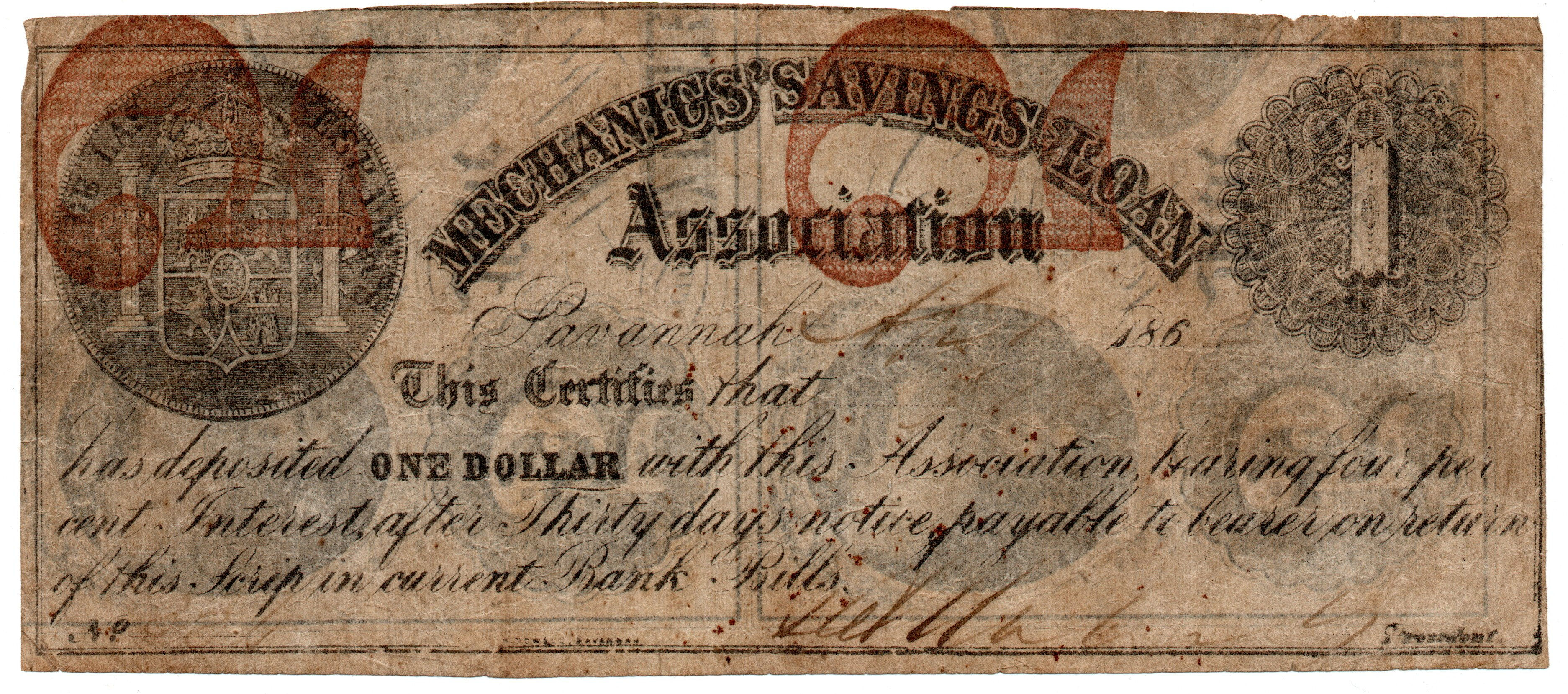 1862 United States Mechanics Savings and Loan Association One Dollar, Civil War