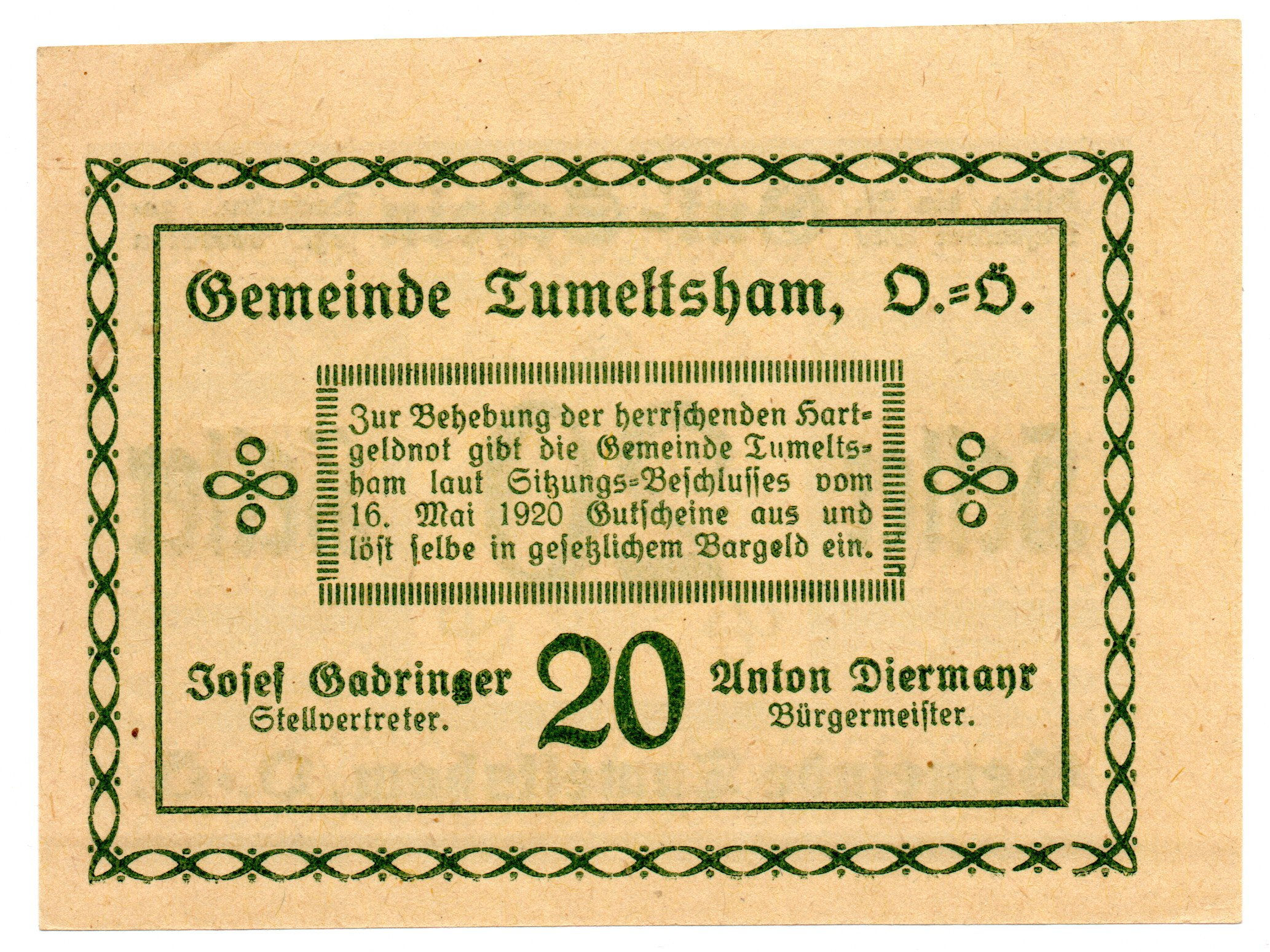 Error 1920 Austria Tumeltsham 20 Heller Slight off centre cut