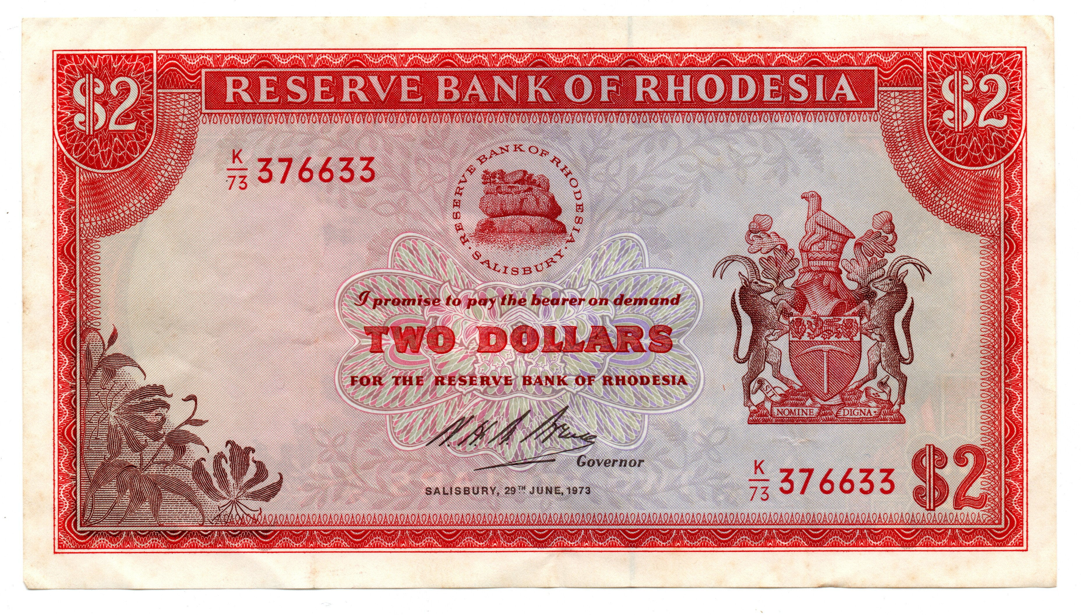 1977 Rhodesia $2 Pick#35c, minor folds