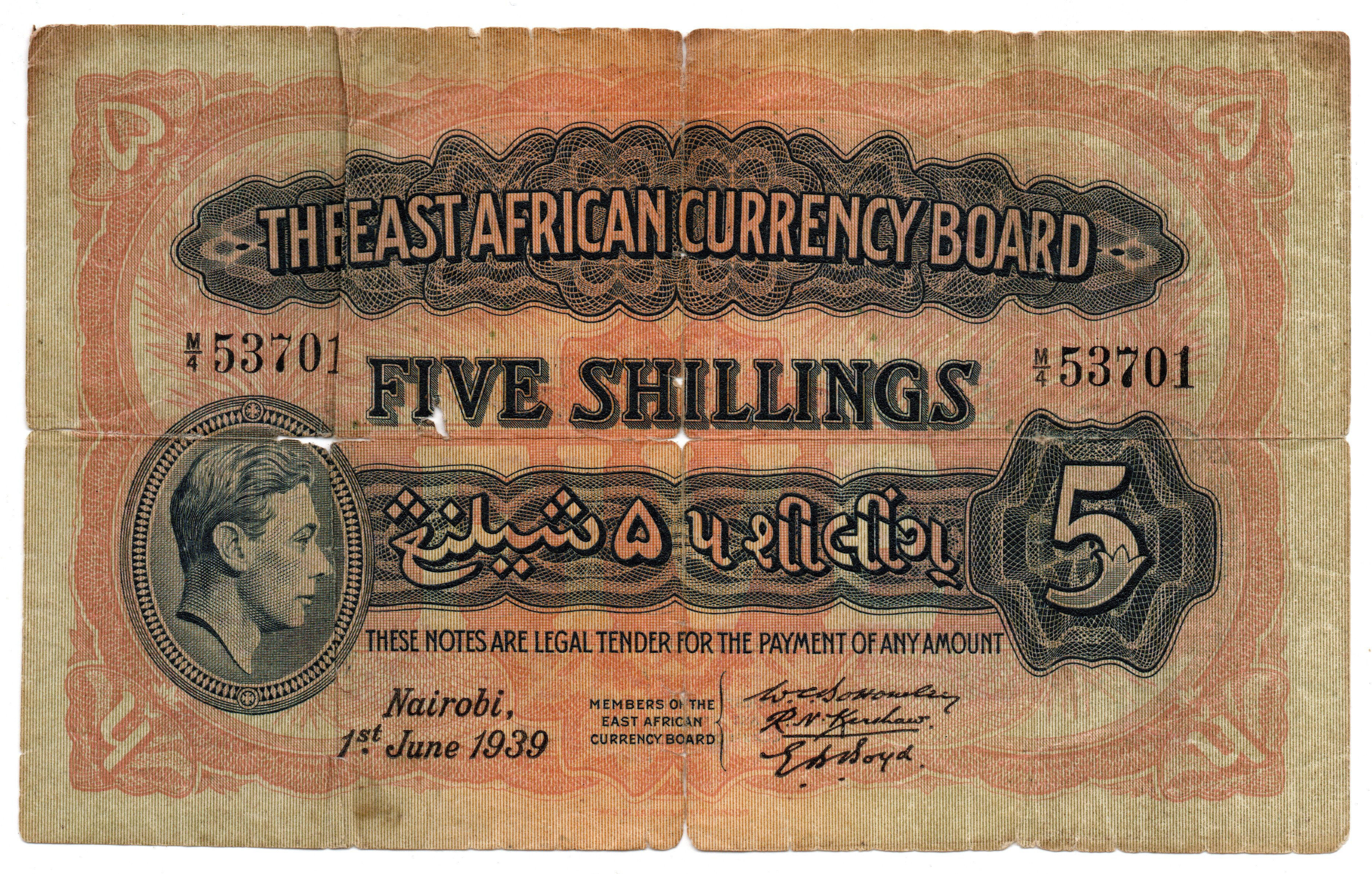 1939 East Africa Currency Board Filler 5 Shilling Pick#28a severe deterioration