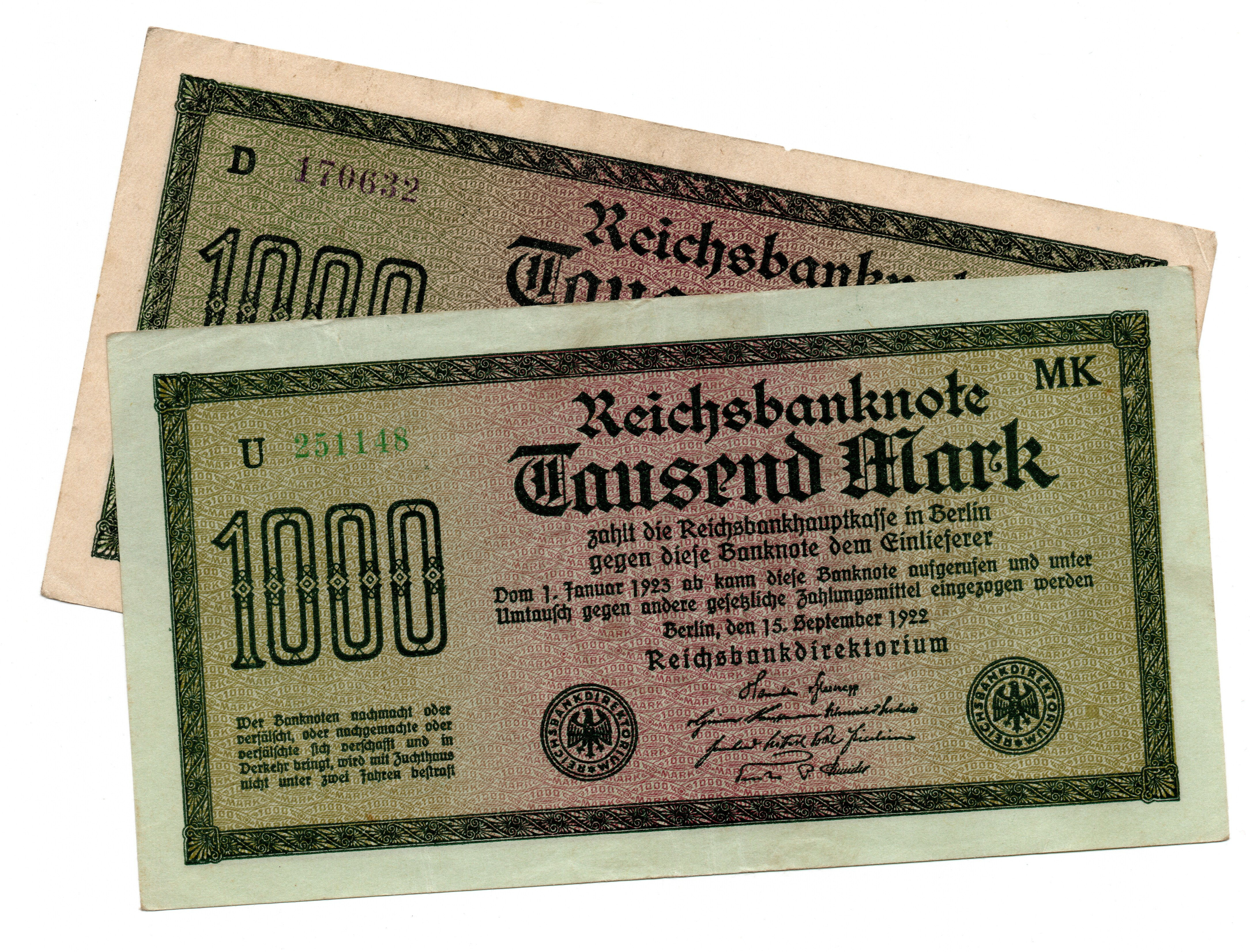 1923 German Berlin Reichsbanknote Pair of 2 Varieties of 1000 Marks, Pick#76a Wh