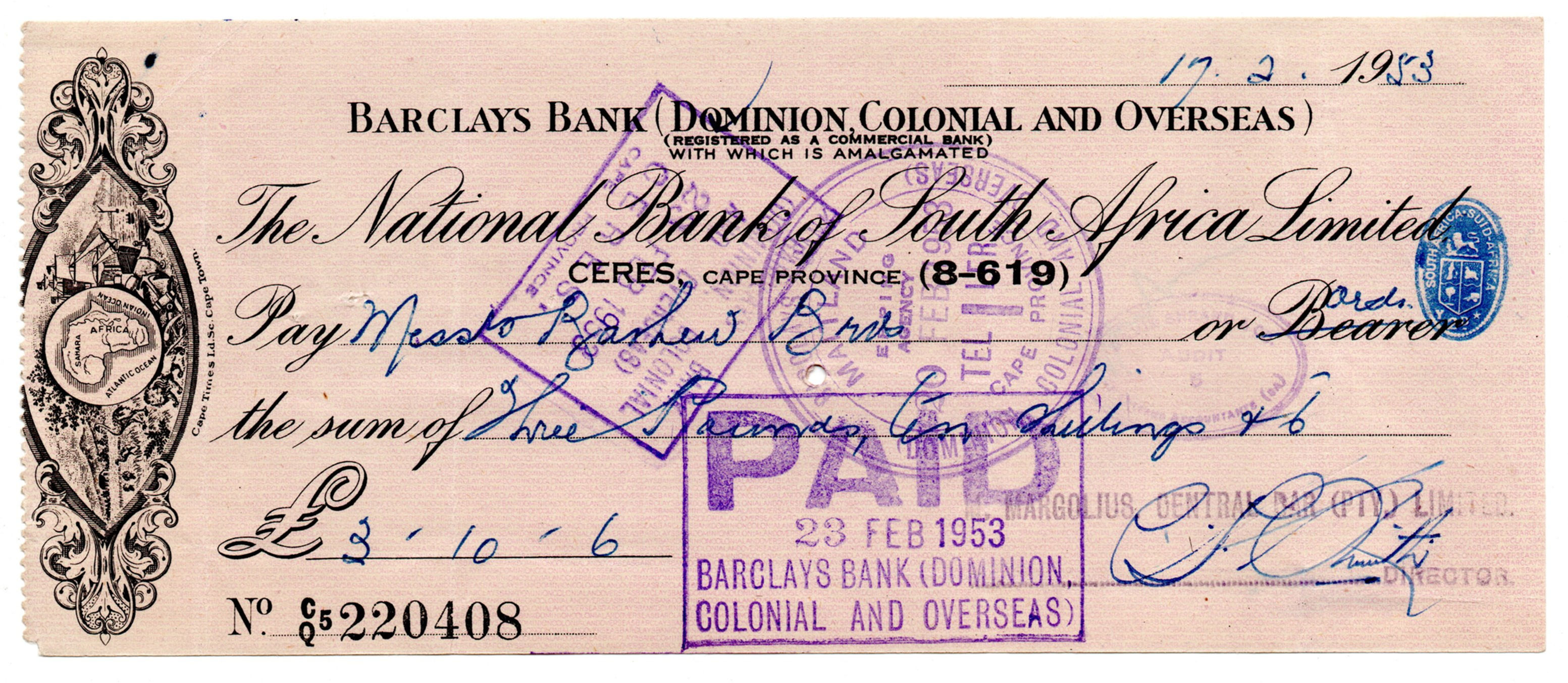 1953 The National Bank of South Africa Limited (Barclays Bank), Ceres, 3 Pounds,