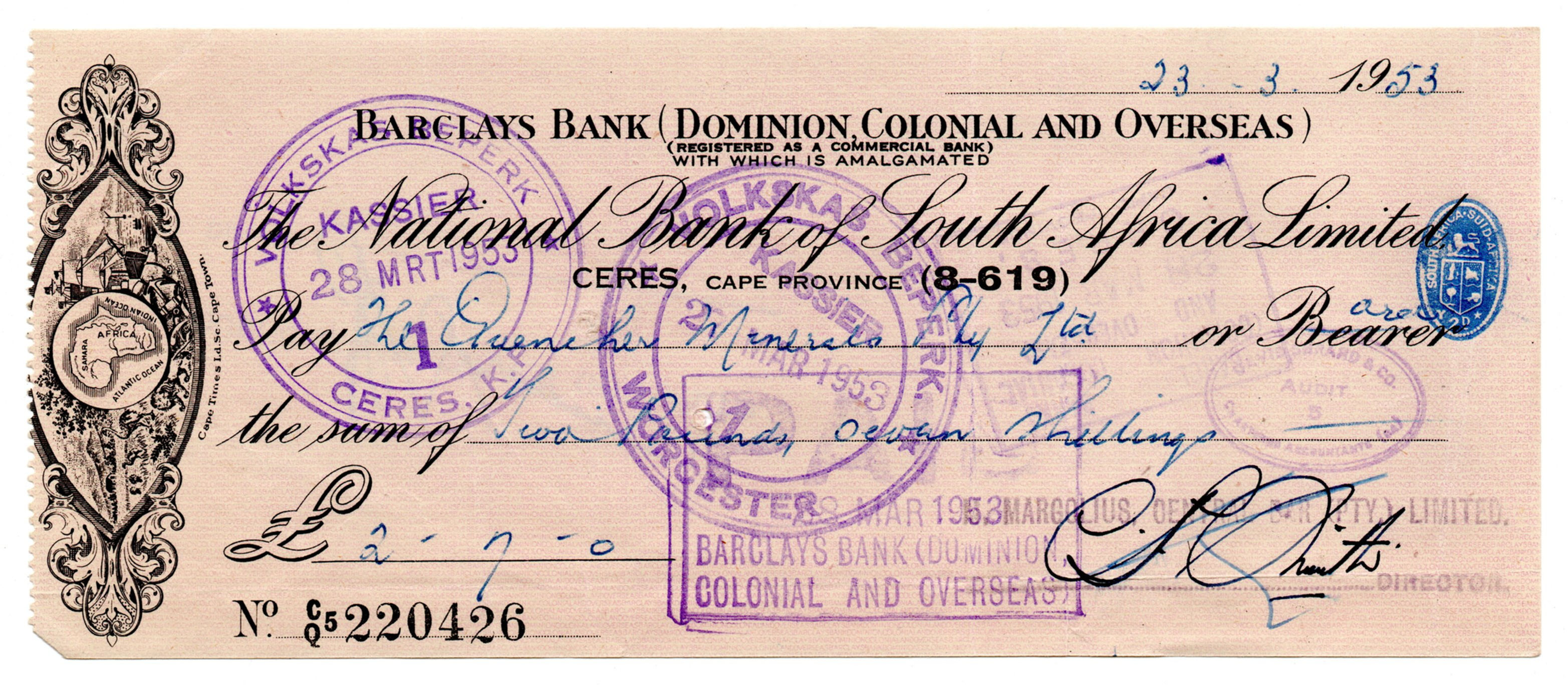 1953 The National Bank of South Africa Limited (Barclays Bank), Ceres, 2 Pounds,