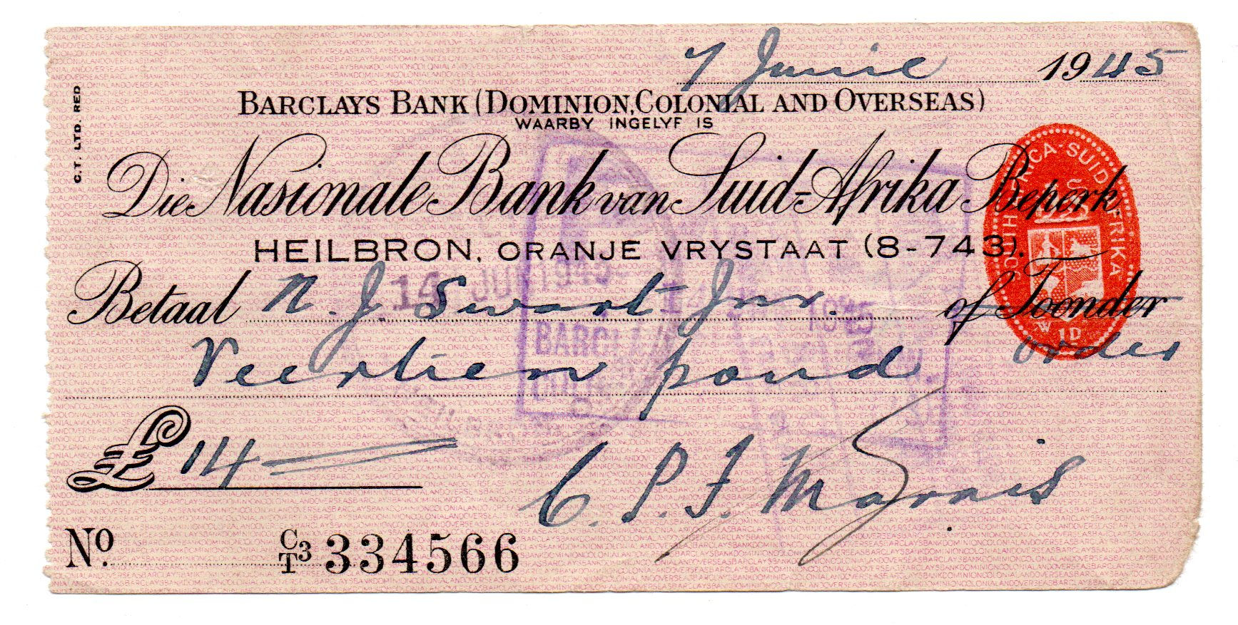 1945 Die Nationale Bank van Suid Afrika (Barclys Bank) Heilbron Cheque, Oranje V