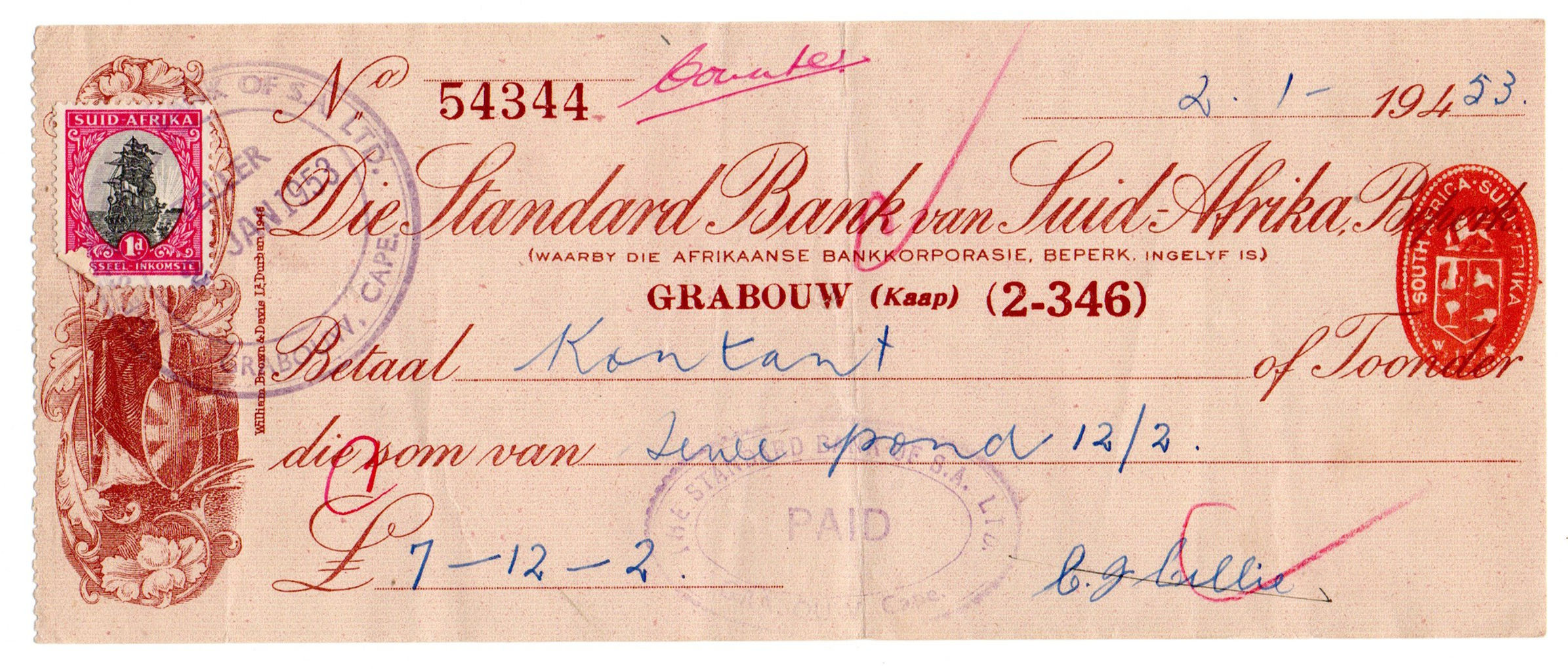 1953 Die Standard Bank van Suid-Afrika Beperk, Grabouw, 7 Pounds, 12 Shillings
