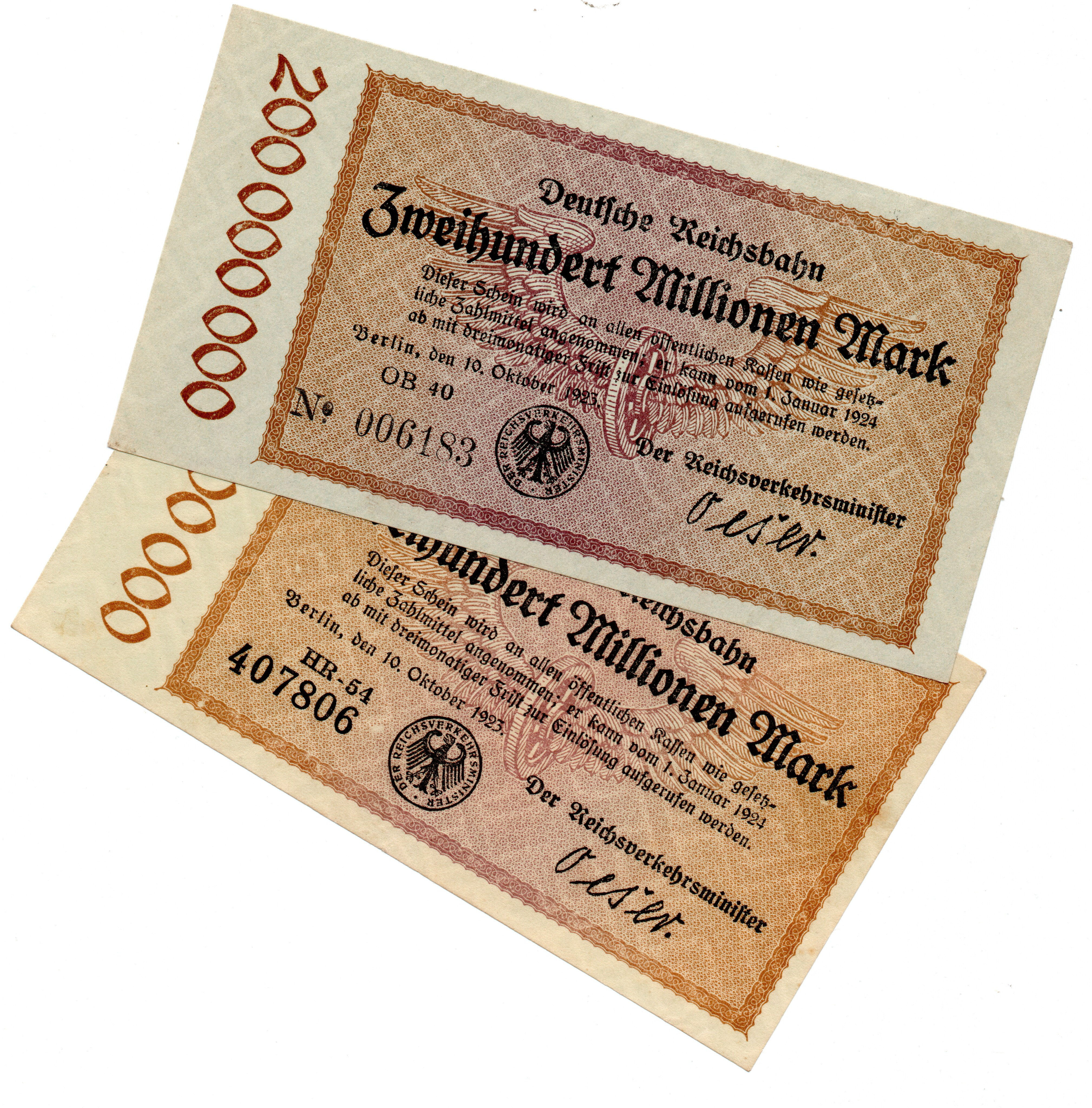 1923 German Reichsbank 200 Million Mark, Pair of Serial Number Varities: prefix