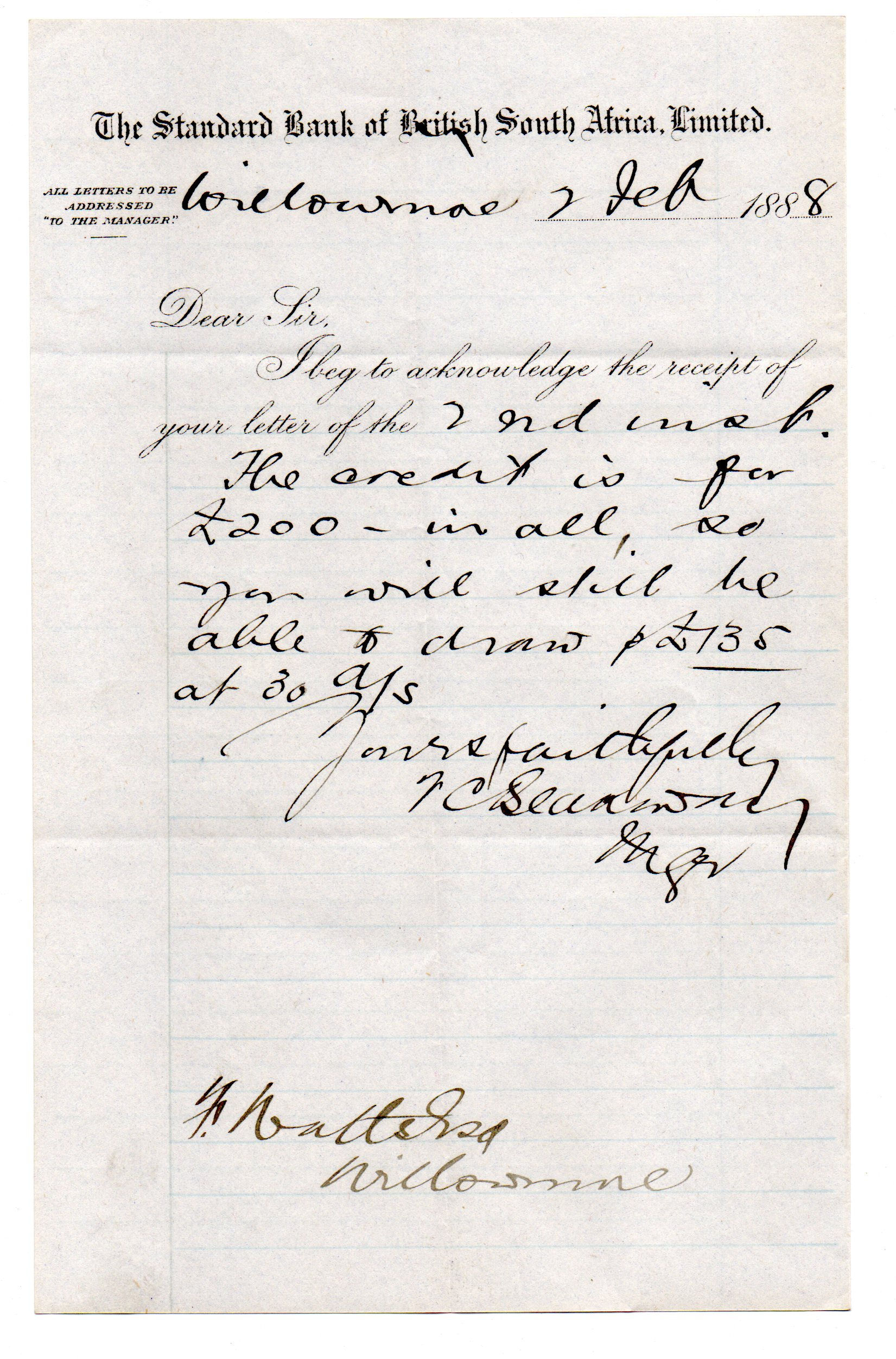 1888 The Standard Bank of British South Africa Limited: letter to client