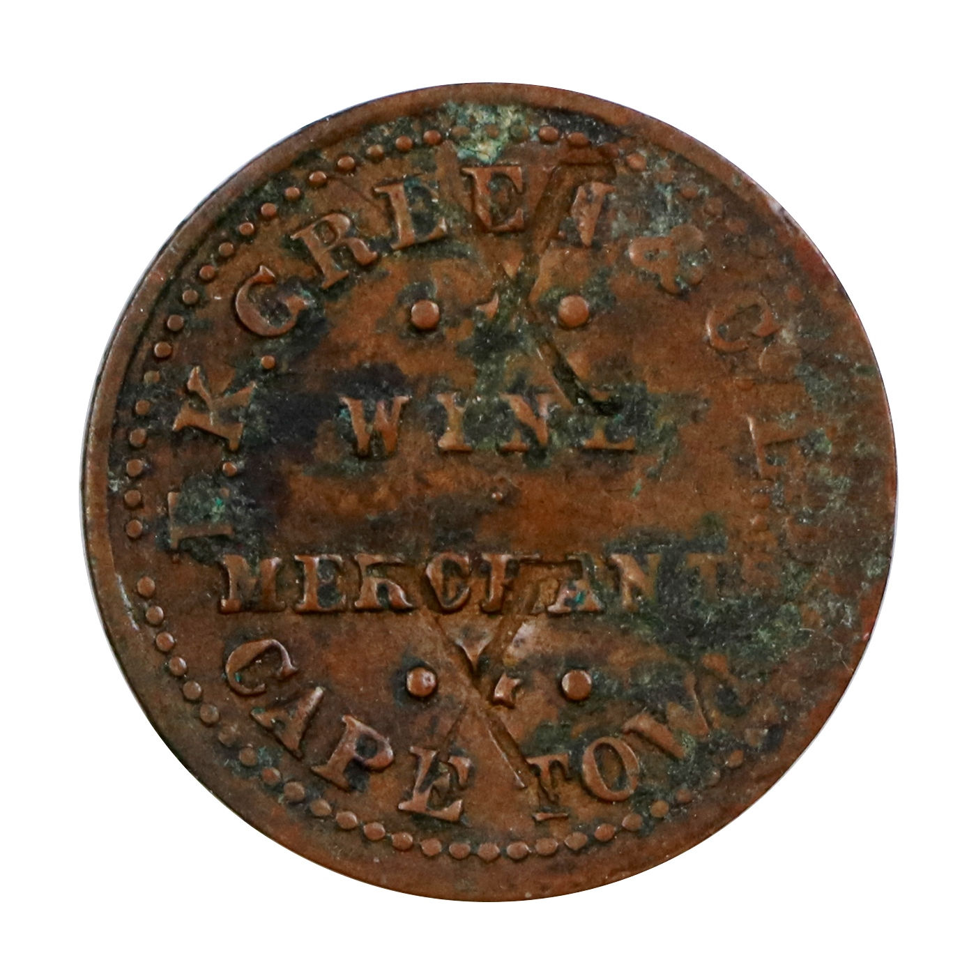1907-1930 E.K. Green & Co. Wine Merchants Cape Town Token  R - 4 rarity