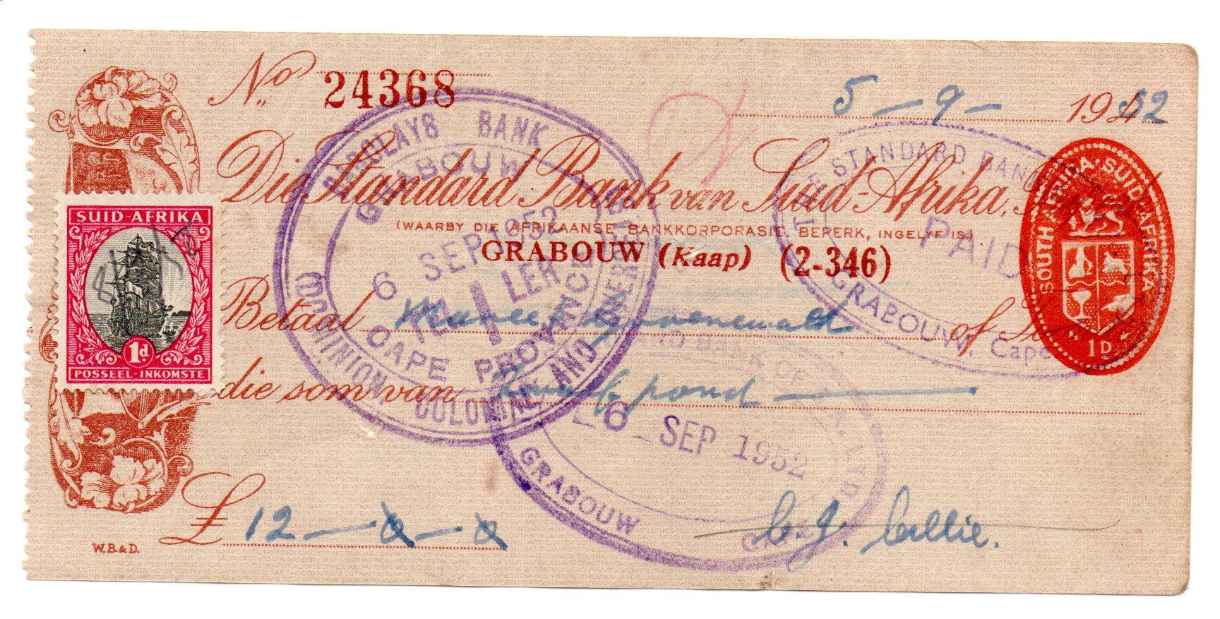 1952 Die Standard Bank van Suid-Afrika Beperk, Grabouw, 12 Pounds