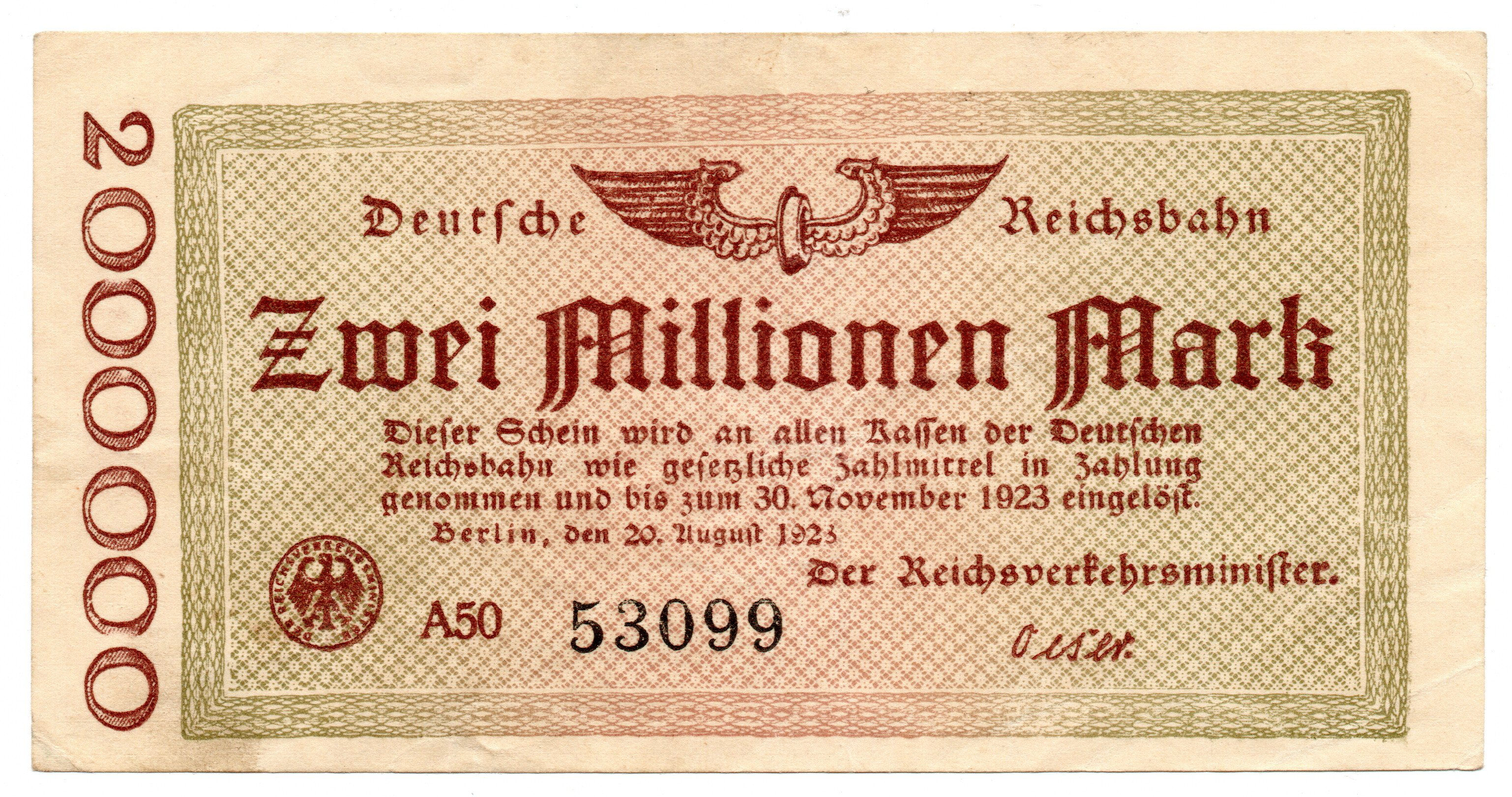 1923 German Berlin 2 Million Mark