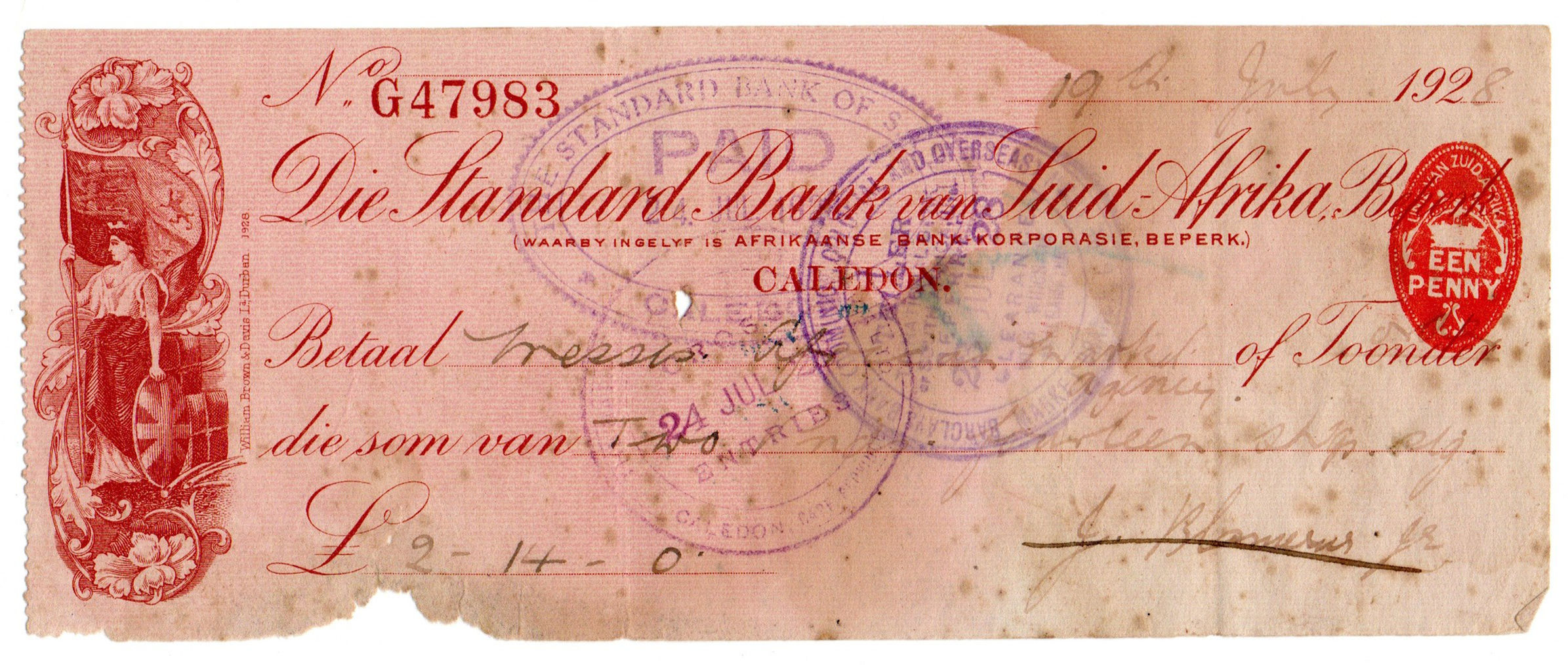 1928 Die Standard Bank van Suid-Afrika Beperk, Caledon, 2 Pounds, 14 Shillings