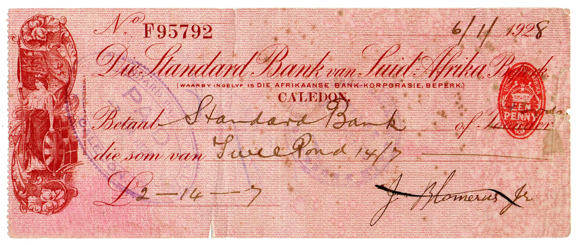 1928 Die Standard Bank van Suid-Afrika Beperk, Caledon, 2 Pounds, 14 Shillings