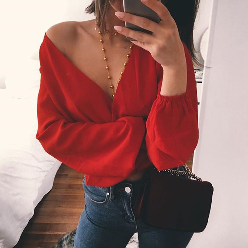 Thumbnail: Backless V-Neck Long Sleeve Chiffon Blouse