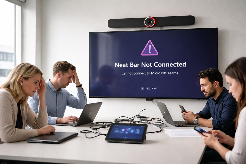 Personas reunidas en una sala de videoconferencia muestran frustración mientras una pantalla indica que la Neat Bar no puede conectarse a Microsoft Teams Rooms, impidiendo el inicio de la reunión.