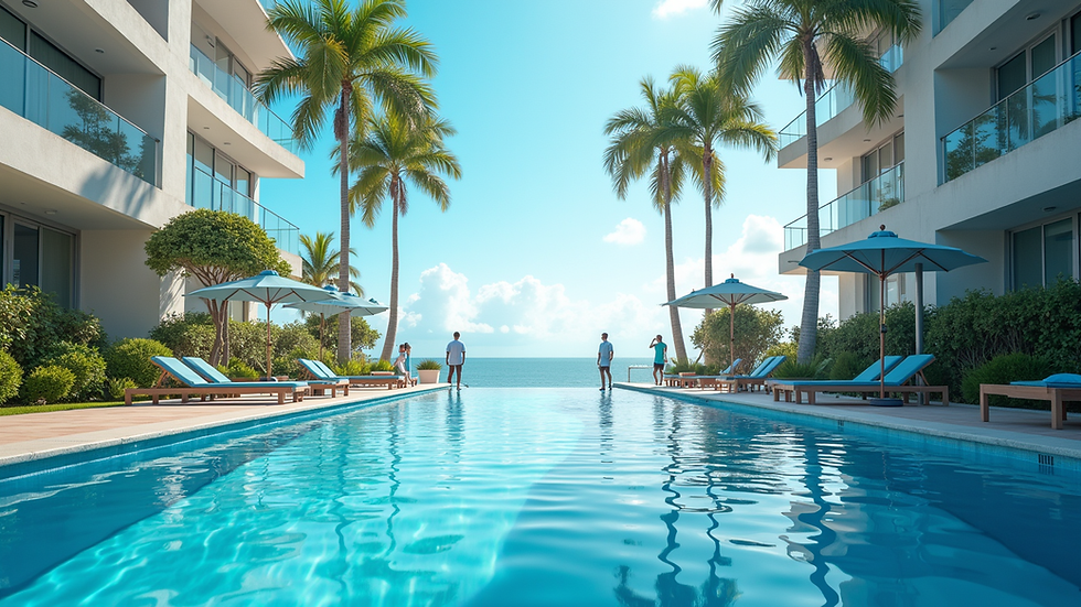 Vista aérea de piscina em condomínio com guarda-vidas de uniforme azul