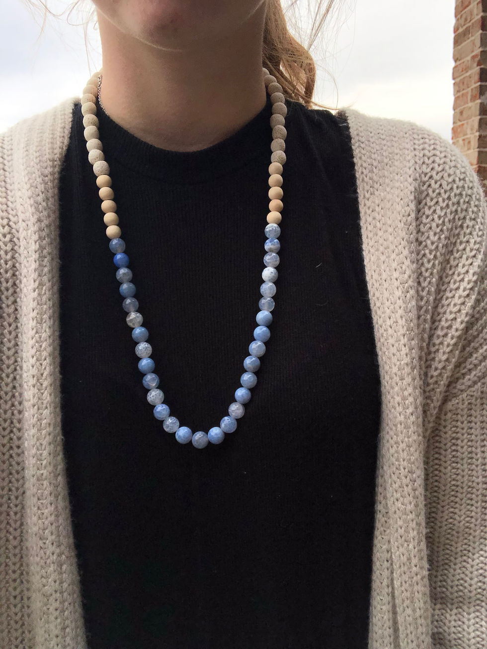 Thumbnail: blue glass beads, wooden beads, and white lava rock beads necklaces