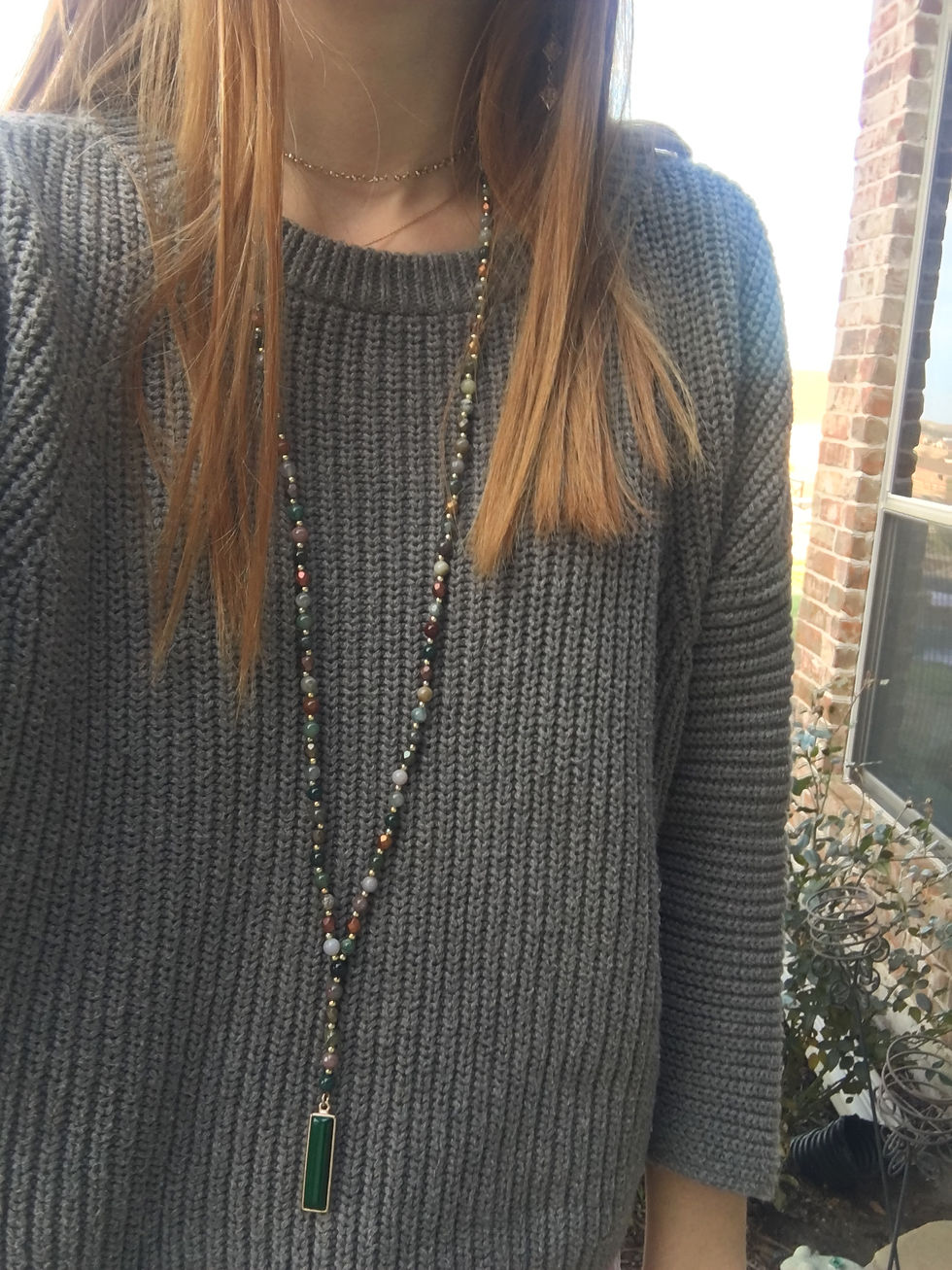 Thumbnail: multi-colored rock beads with green stone y necklace