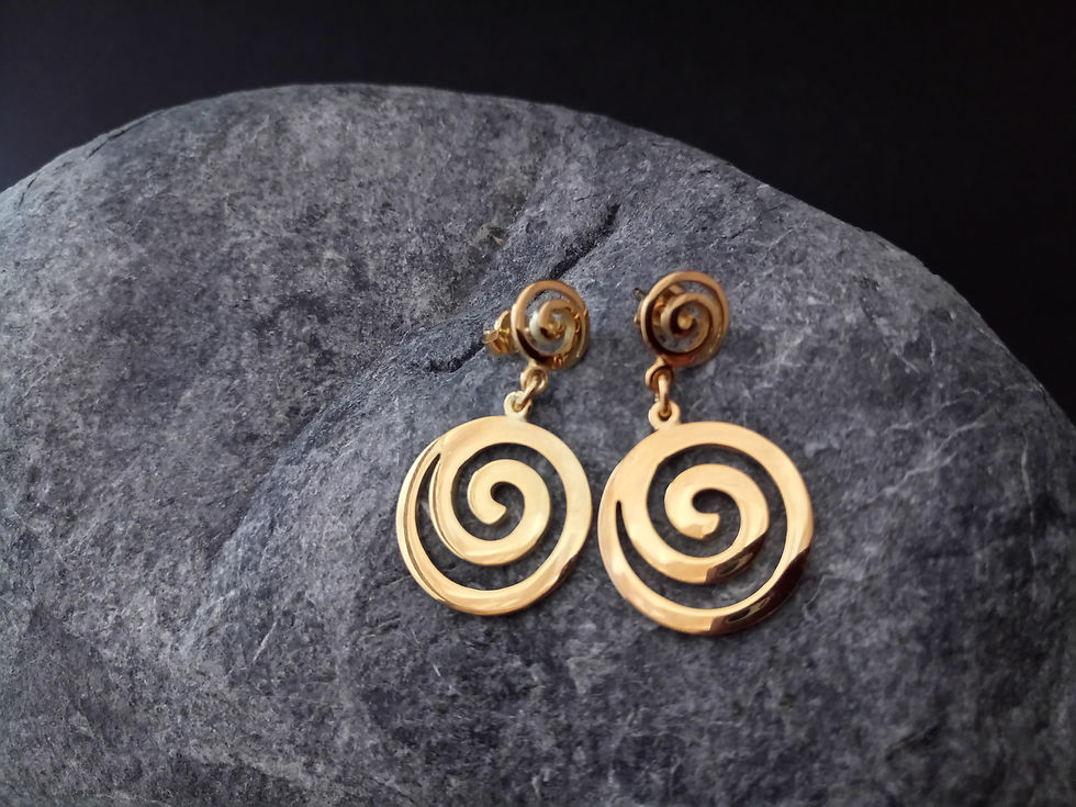 Thumbnail: Gold spiral earrings displayed on a textured, gray stone surface, Thetistreasures.