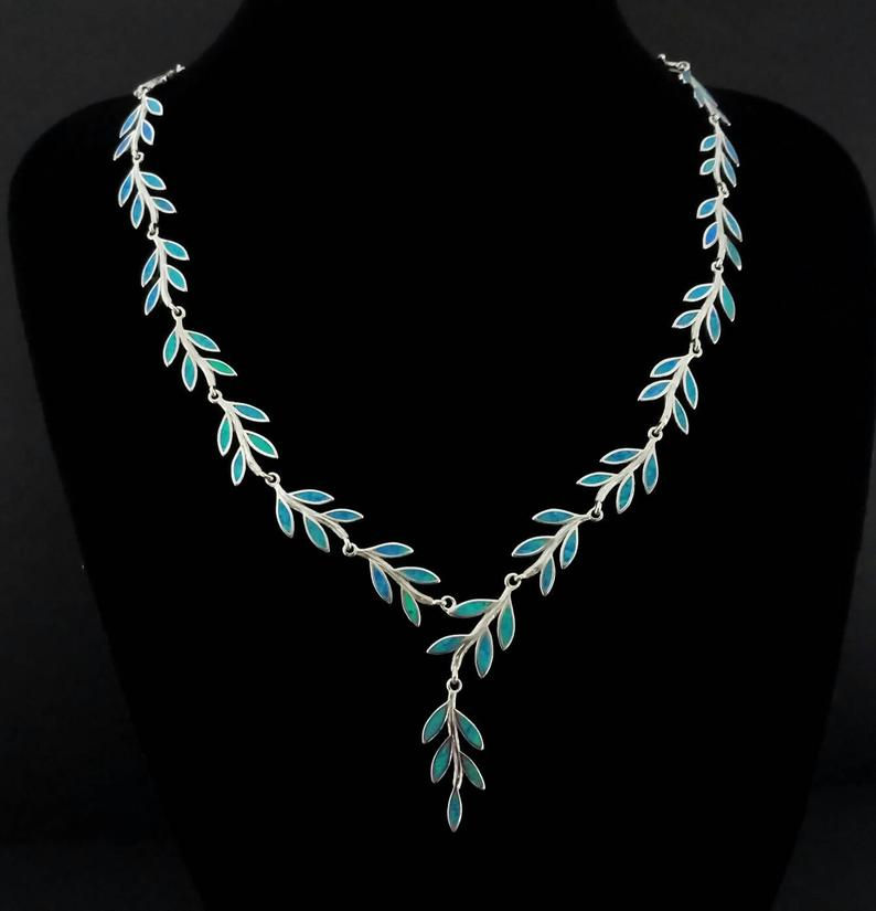 Thumbnail: Olive Leaf Necklace 925 Silver Gold Plated displayed on a black mannequin Thetistreasures