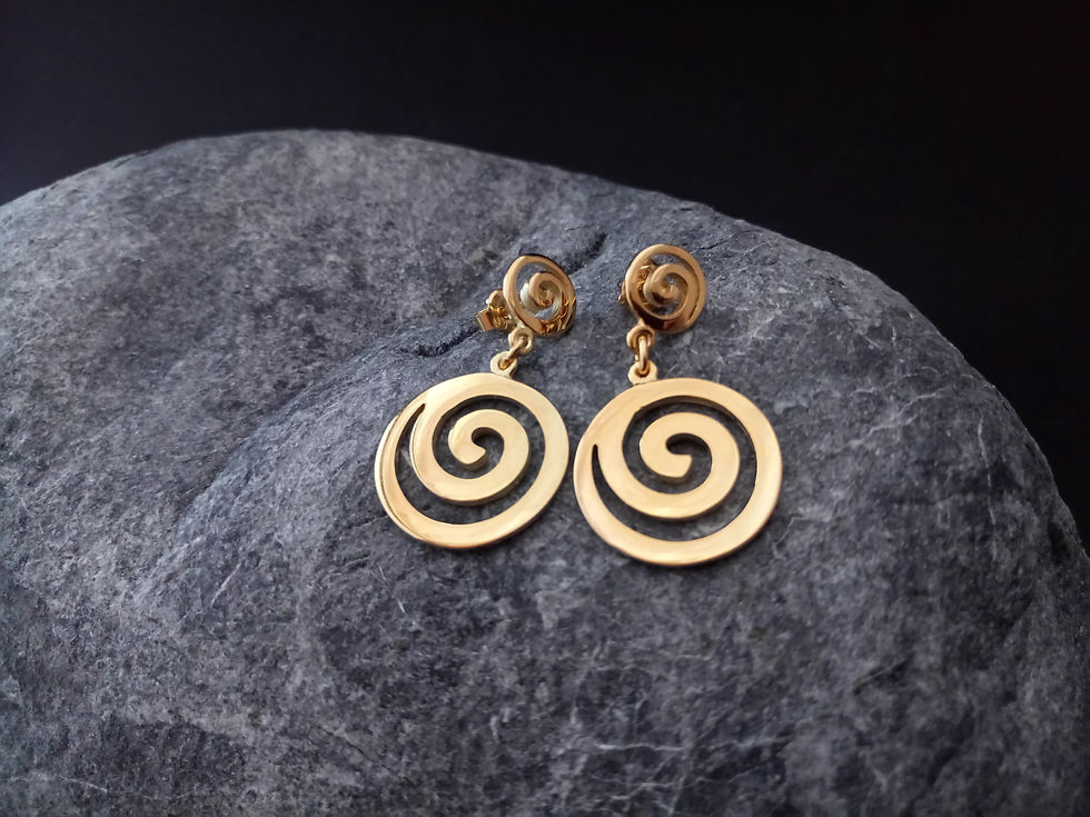 Thumbnail: Gold spiral earrings on dark stone background. Thetistreasures