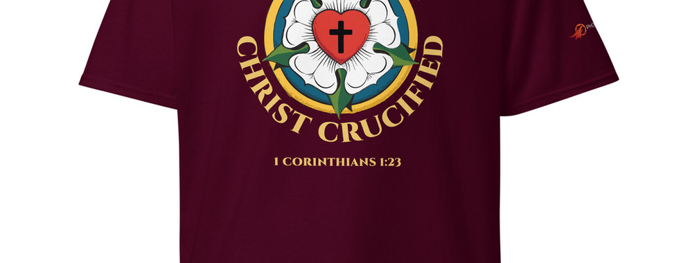 Front view of a maroon burgundy t-shirt with a detailed Reformation Luther Rose emblem framed by arched gold typography reading Law and Gospel Since 1517.