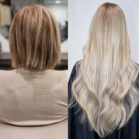 Blond hårförlängning med 100g tape extensions, 55 cm, utförd i Malmö utförd i kort eget hår.