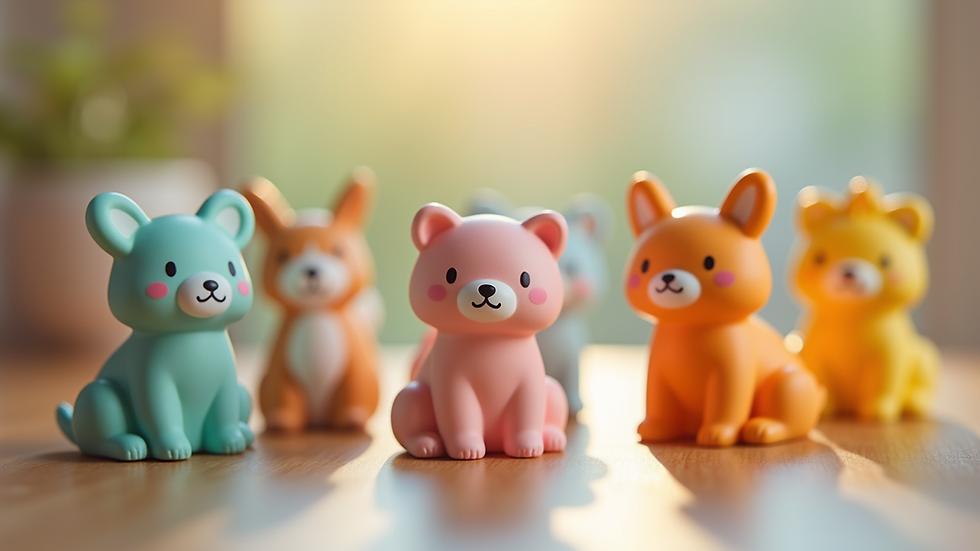 Eye-level view of a collection of colorful kawaii animal figurines