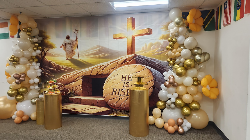 Easter mural, He is Risen, gold balloon decorations