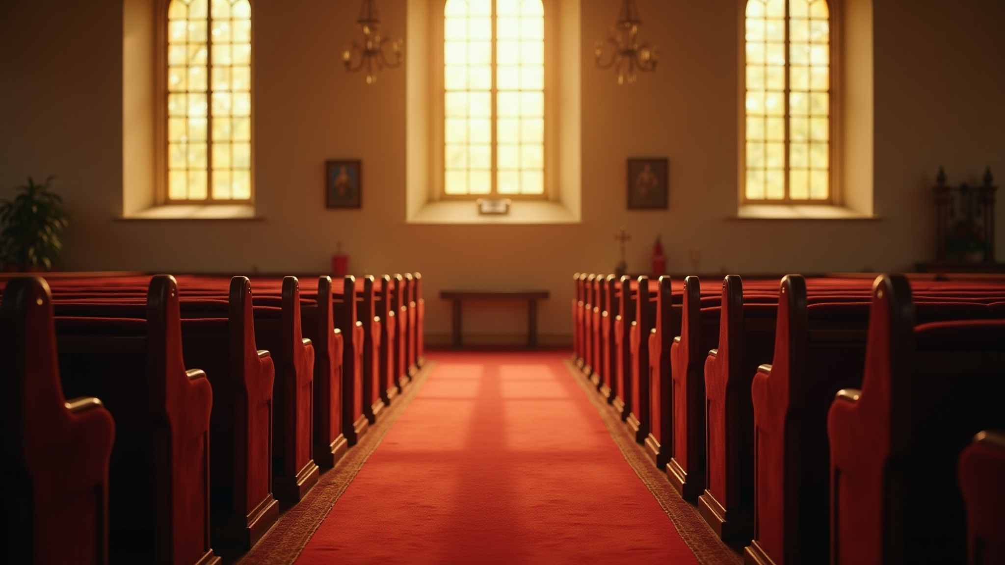 Church interior with red carpet aisle and sunlight