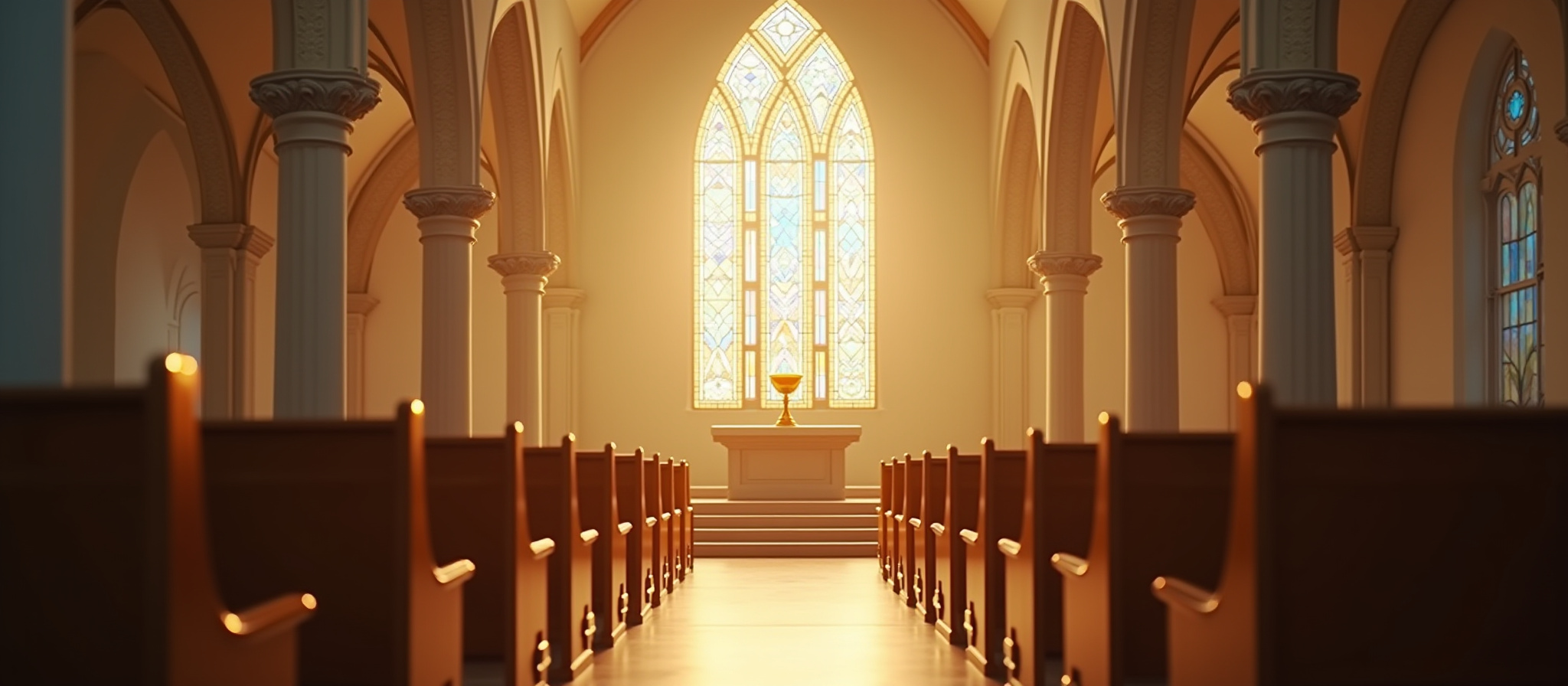 Church interior with stained-glass window