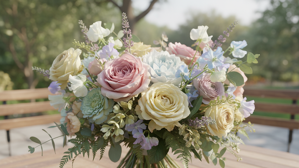 Plano detalle de un ramo de flores frescas con tonos pastel y verdes naturales
