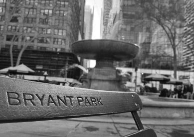 Bryant Park bench and fountain in New York City