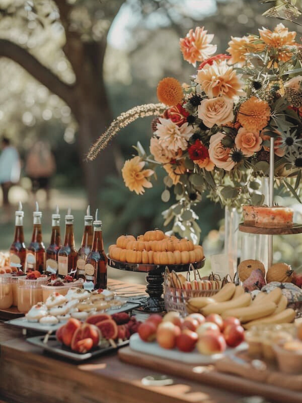 Buffet table with seasonal fall items, soups, cheeses, and fruits.
