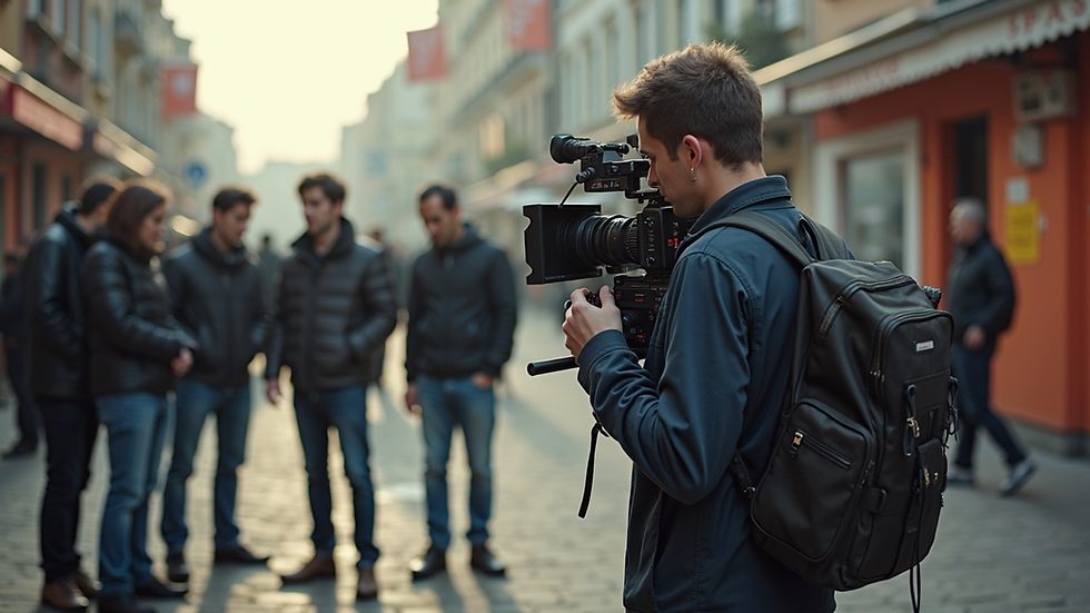 Wide angle view of a film crew setting up camera equipment on location