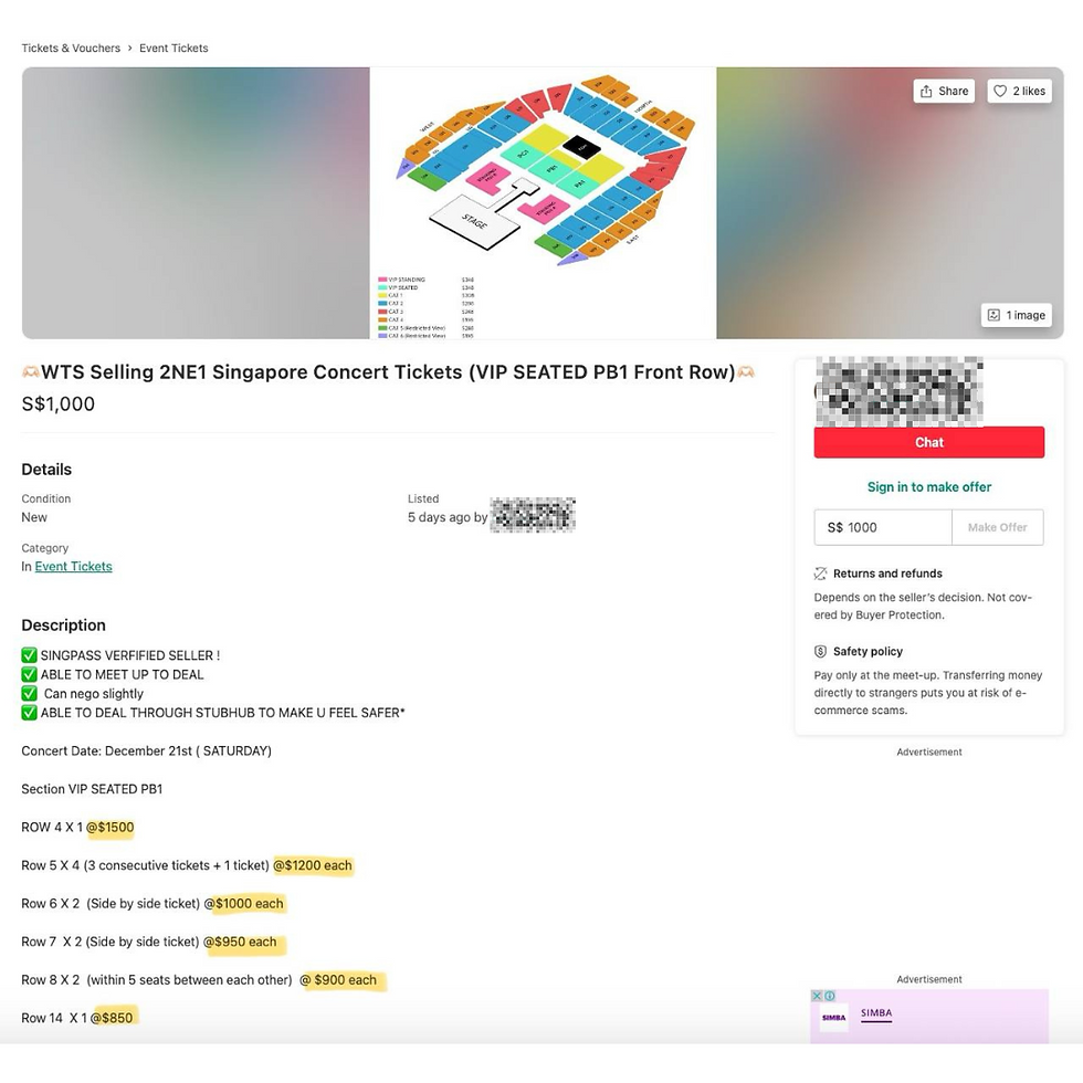 Scalper upselling ticket price on Carousell