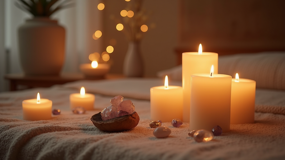 Eye-level view of a peaceful healing room with candles and crystals