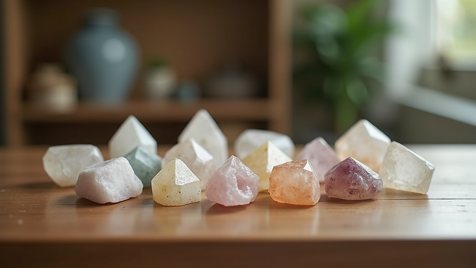 Close-up view of healing crystals arranged on a wooden table