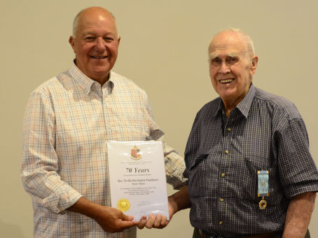 Kyabram Freemasons present Bro Neville Pankhurst with 70Yr Jewel