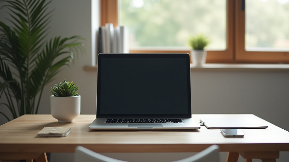 Eye-level view of a laptop on a desk with a calm home office setup