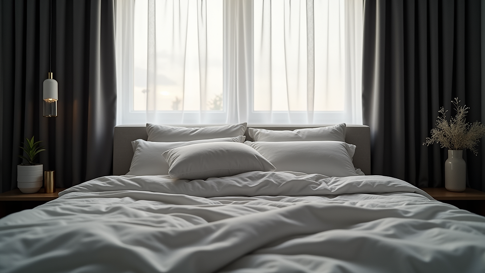 Eye-level view of bedroom with blackout curtains and ergonomic pillow