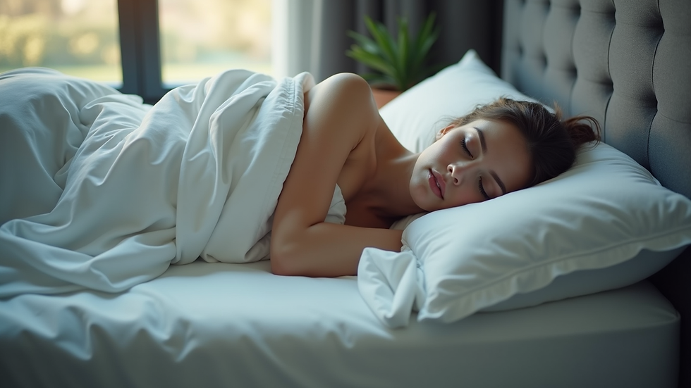High angle view of a person sleeping on an ergonomic mattress with pillows