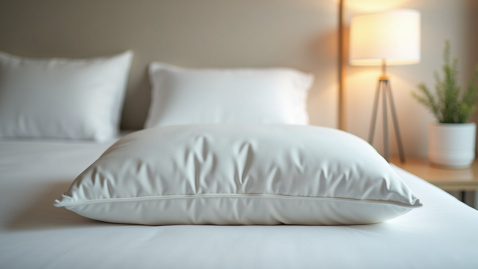 Eye-level view of ergonomic pillow on bed with neutral bedroom background