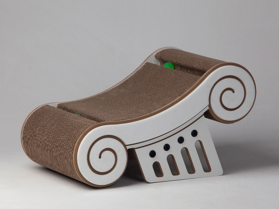 Athens Capital Cat Scratching Board, eco-friendly MDF and cardboard scratcher shaped like a Greek column, featuring replaceab