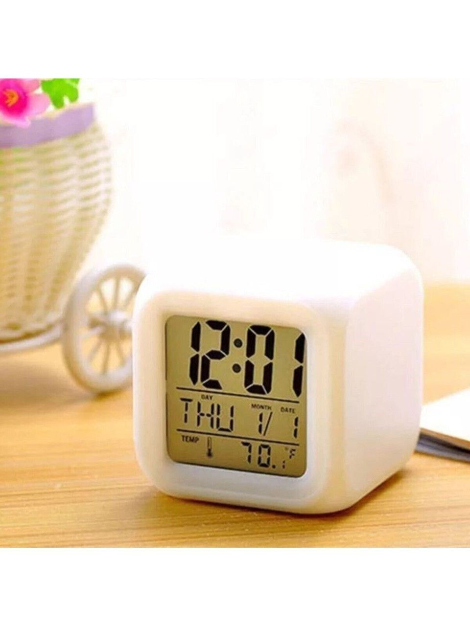Ev Ofis Masa Saati 7 Renk Değiştiren Dijital Küp Alarmlı Çalar Saat Gece Lambası