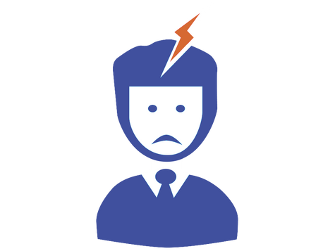 Ein blaues Icon zeigt ein Gesicht mit traurigem Ausdruck und Krawatte. Ein Blitz symbolisiert Stress oder Kopfschmerz über dem Kopf.