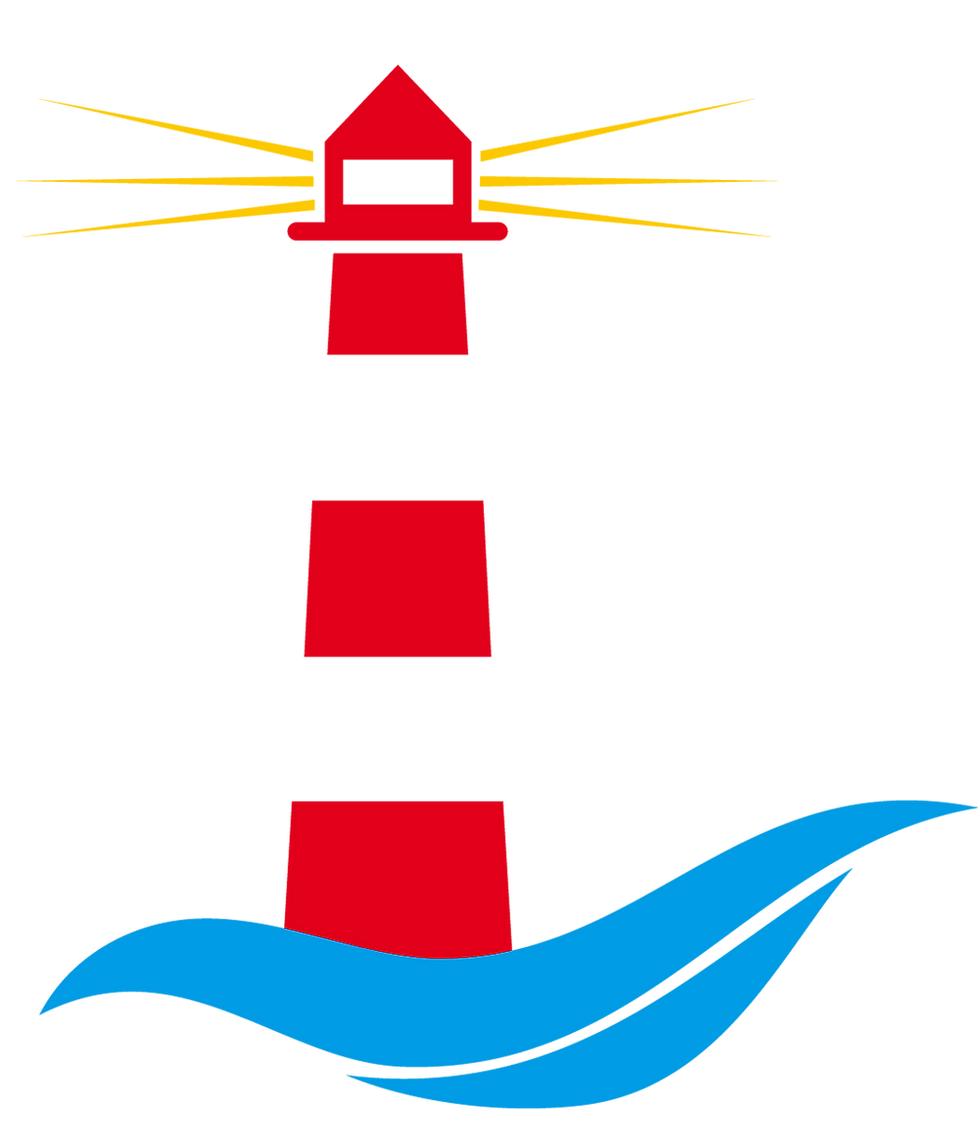 Roter Leuchtturm mit gelben Lichtstrahlen auf blauem Wasserstil vor weißem Hintergrund. Gefühl von Sicherheit und Orientierung.