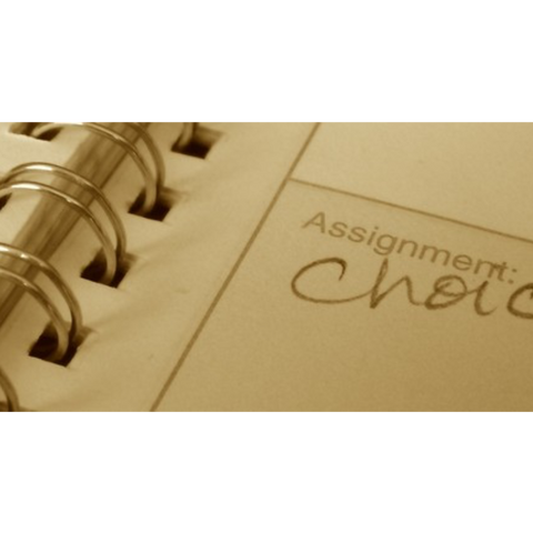 Notizbuchseite mit Spiralbindung. Handschriftliche Notiz: "Assignment: choice". Sepia-Ton verleiht der Szene einen nachdenklichen Look.