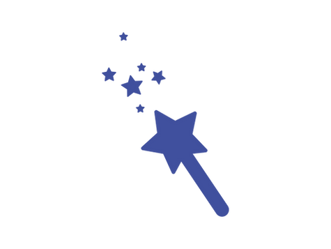 Ein blauer Zauberstab mit einem Stern an der Spitze. Aus dem Stab steigen mehrere unterschiedlich große, blaue Sterne nach oben